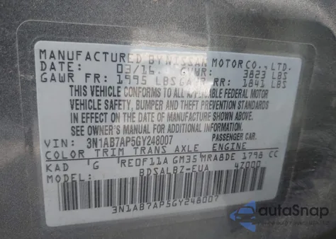 2016 Nissan Sentra Fe+ S/S/Sl/Sr/Sv from USA, damaged, VIN 3N1AB7AP5GY248007